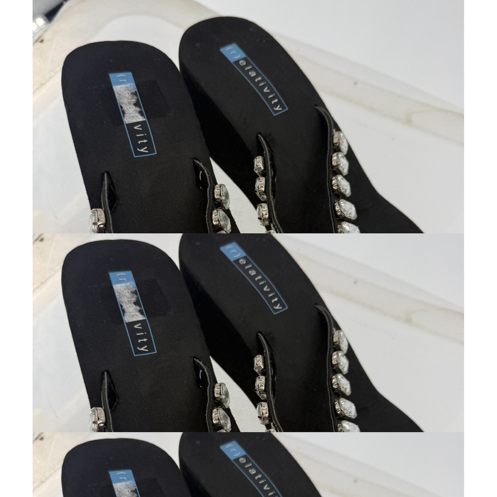 Y2K Black Rhinestone Platform Flip Flops Chunky Wedge Sandals Glam Womens 7 8